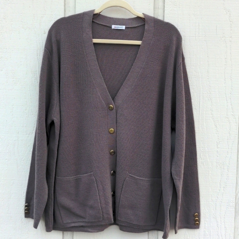 Damart Button Front V Neck Wool Blend Cardigan Sweater Size XL Brown Long Sleeve